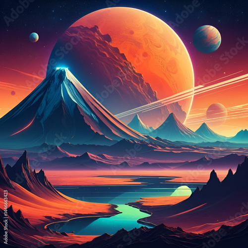 Unknown Planet Landscape, Volcano, Mountains, Planets and Starry Sky Retro Future Sci Fi Space Illustrations Stylization