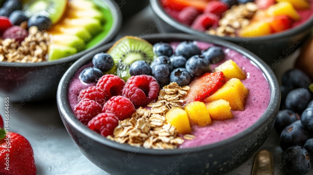 Vibrant smoothie bowls brimming with fresh fruits and granola for healthy eating Vibrant smoothie bowls brimming with fresh fruits and granola for healthy eating
