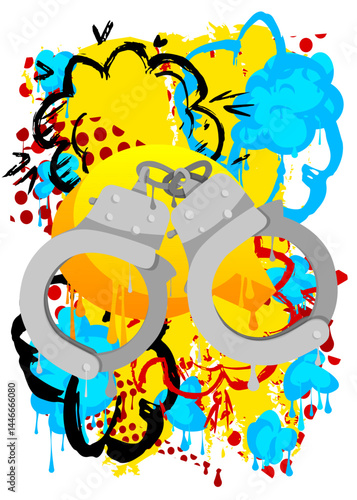 Handcuffs graffiti. Abstract modern street art decoration performed in urban painting style.