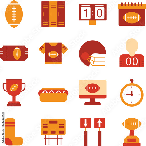 American Football illustration set. Includes of touchdown, helmet, field, goalpost, team, and More. Vector flat color collection
