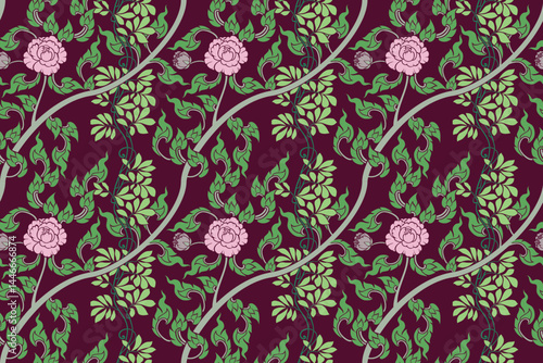 Seamless traditional Thai art floral pattern in damask style motifs suitable for wallpaper, curtain, cloth, textile, tile and fabric design isolated illustration vector archive EPS file.