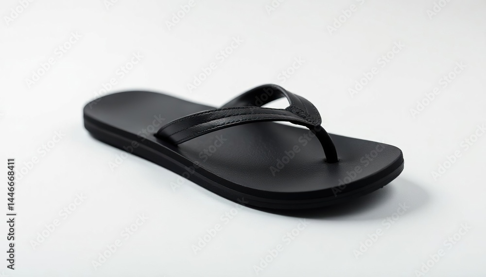 Single black flip-flop on white background, close-up view , single, texture Single black flip-flop on white background, close-up view , single, texture