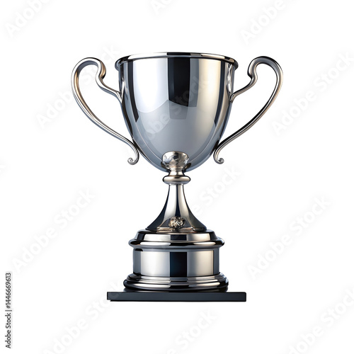 a silver trophy with a wide, shallow bowl and two handles on either side on a transparent background
