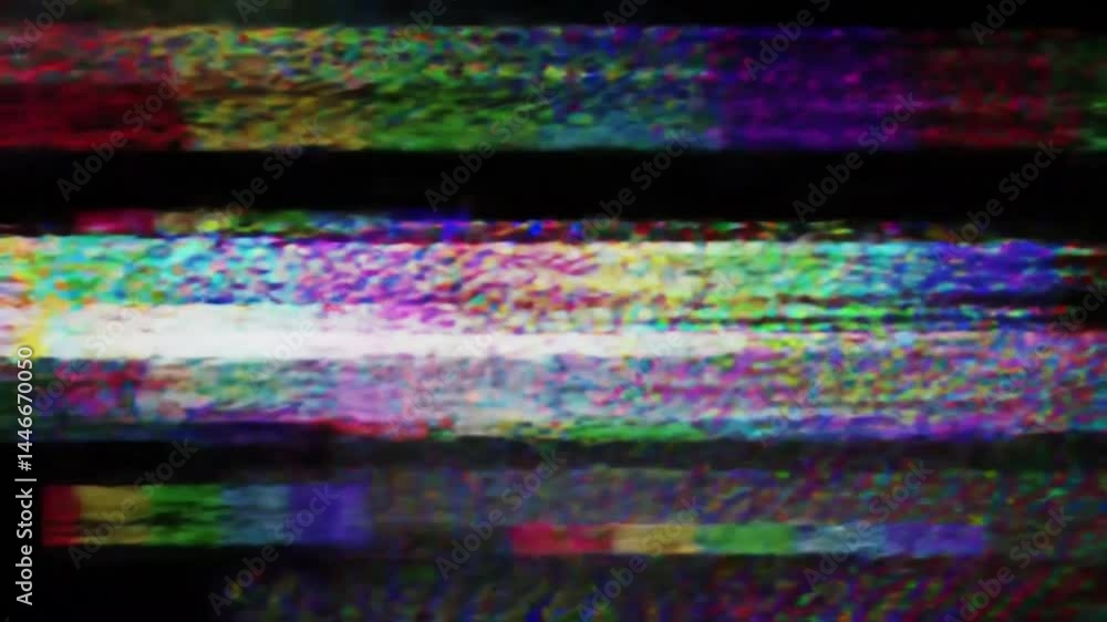 Vibrant analog TV glitch test pattern with multicolored static distortion and noise, evoking retro VHS aesthetics, broadcast malfunction, and cyberpunk-style visual disruption in digital media.


