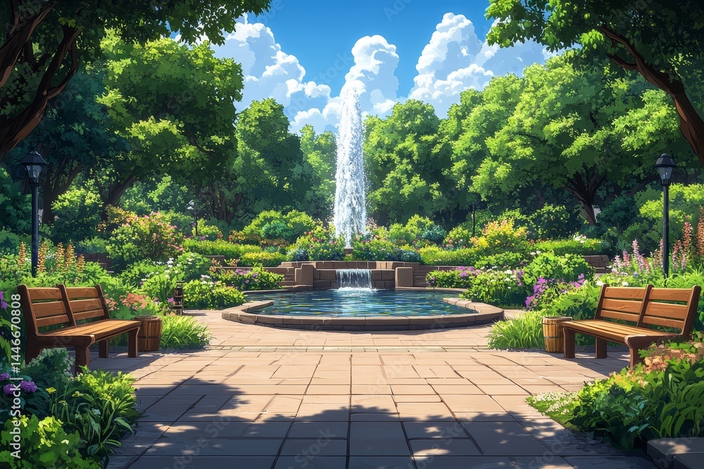 Fototapeta premium Sunny park fountain, lush greenery, benches, relaxing scene, background trees