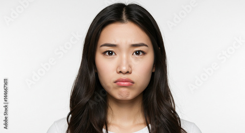 Portrait of a sad young asian woman with a worried and upset look, studio shot.