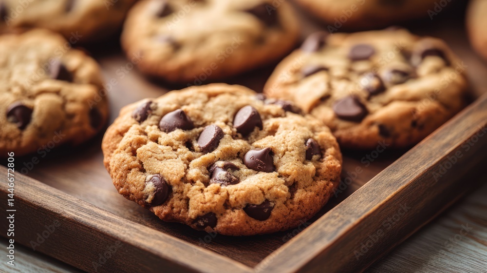 Delicious homemade chocolate chip cookies displayed on a rustic wooden tray Delicious homemade chocolate chip cookies displayed on a rustic wooden tray