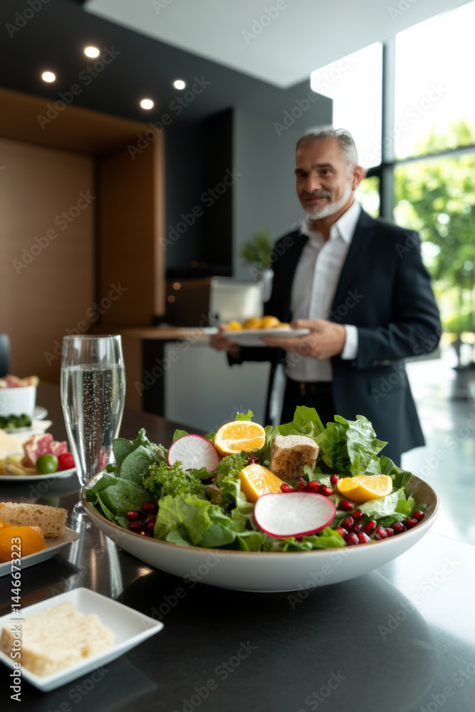 man in suit holds plate of food while standing near fresh salad. vibrant salad features greens, radishes, and orange slices, set in modern dining area man in suit holds plate of food while standing near fresh salad. vibrant salad features greens, radishes, and orange slices, set in modern dining area