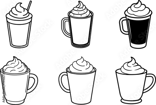 A set of Coffee Whipped Cream on a mog outline vector illustration