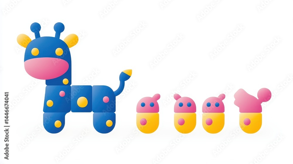 Obraz premium Blocky animal kingdom featuring pixelated giraffe and cute colorful creatures in a cheerful cartoon styled design ideal for children's illustrations