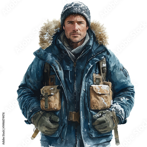 Snow Travel Jacket And Gloves, watercolor vector, isolated on a white background.