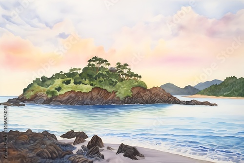 Pastel sunset over a tranquil coastal scene. A small, lush green island sits in calm, blue green water, surrounded by dark rocks and a sandy beach.  Soft, gentle waves lap the shore. The sky displays
