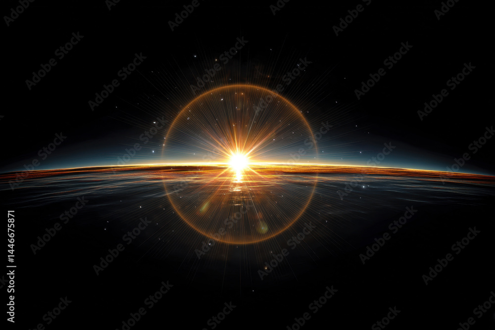 Obraz premium Sunrise over horizon of planet with glowing lens flare effect and starry space background, creating dramatic and inspiring cosmic scene