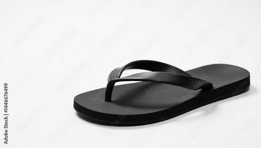 Single black flip-flop on white background, studio shot , accessory, sandal Single black flip-flop on white background, studio shot , accessory, sandal