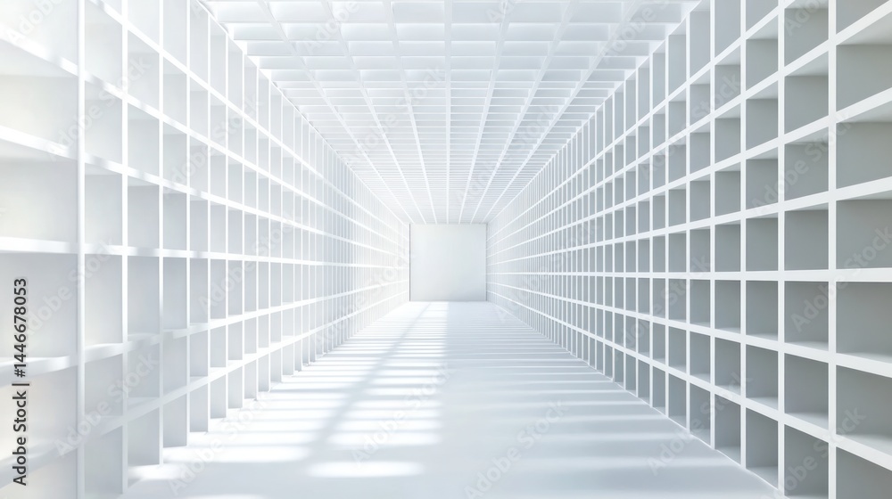 Obraz premium A long, white corridor lined with square shelves stretches into a bright light. Sunlight streams in, creating shadows