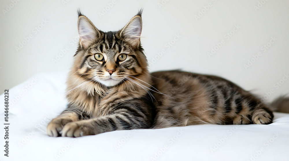 A cat with long fur is laying on a white bed A cat with long fur is laying on a white bed
