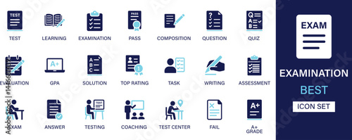Examination icon set collection. Test, learning, examination, pass, composition, question, quiz, evaluation, solution, top rating and best solid icon set.