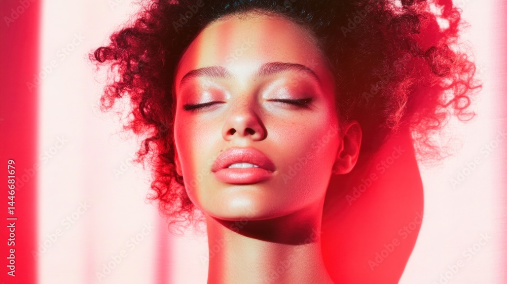 Fototapeta premium Close-up portrait of a woman with vibrant crimson lighting.