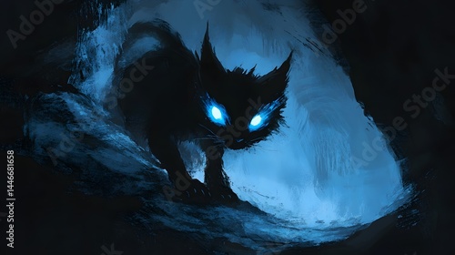 48. Enigmatic shadow creature with blue glowing markings, blending into a moonlit cave