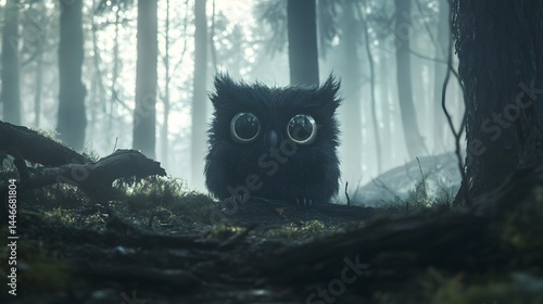 51. Furry forest creature with huge eyes, curiously observing its surroundings in a foggy forest