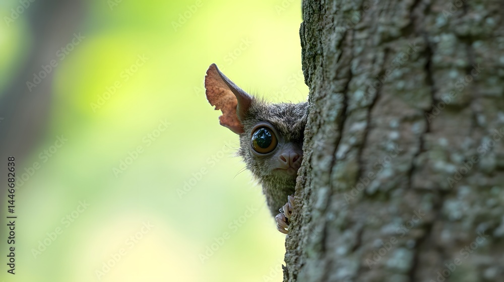 Obraz premium 61. Cuddly, wide-eyed creature with tiny horns, peeking out from behind a tree