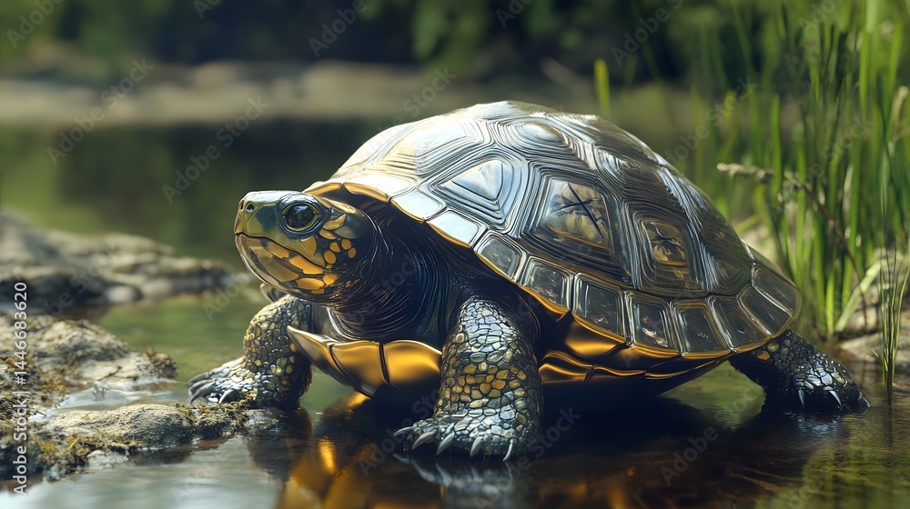 Obraz premium 78. Shiny turtle-like character with translucent shell patterns, exploring a quiet riverbank