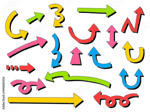 手書きの矢印セット、ポップなデザイン、影付き