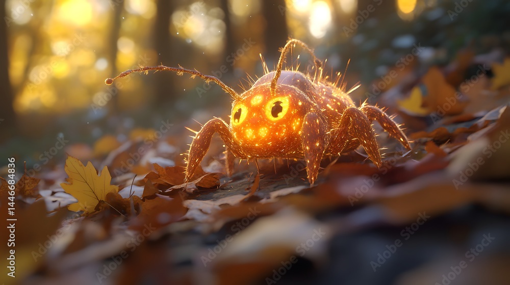 Obraz premium 98. Soft, glowing creature with antennae, curiously exploring a pile of autumn leaves