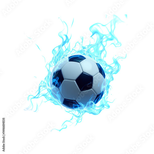 Soccer Ball with Blue Flame Effect, transparent background.