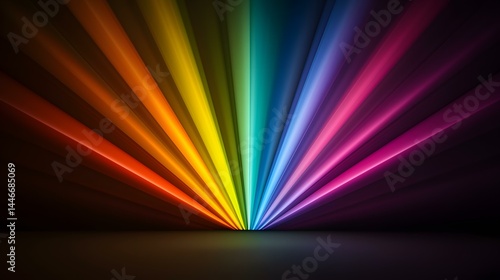 The image contains a vibrant, radiating display of colors resembling a rainbow, emanating from a central point and spreading outwards in a fan-like pattern.  The colors transition smoothly from deep