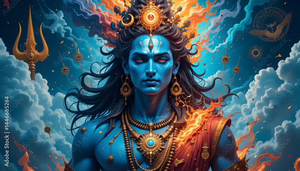 God Shiva Mystical Blue Figure with Trident in Cloudy Sky God Shiva Mystical Blue Figure with Trident in Cloudy Sky