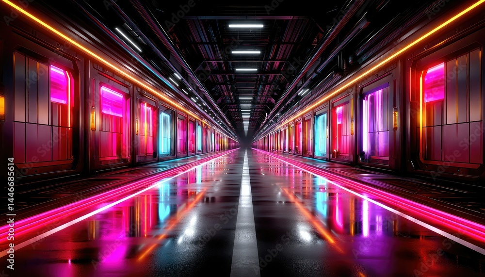 Fototapeta premium A futuristic neon-lit subway station with glowing reflections and vibrant colors, creating a sci-fi atmosphere.
