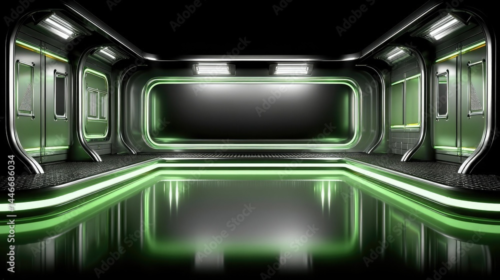 Fototapeta premium Futuristic metallic corridor with green neon lighting, reflective floor, and high-tech design details, evoking a sci-fi spaceship interior.