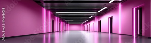Wallpaper Mural A modern, empty hallway with vibrant pink walls and neon lighting, featuring multiple doorways and a sleek, reflective floor. Torontodigital.ca