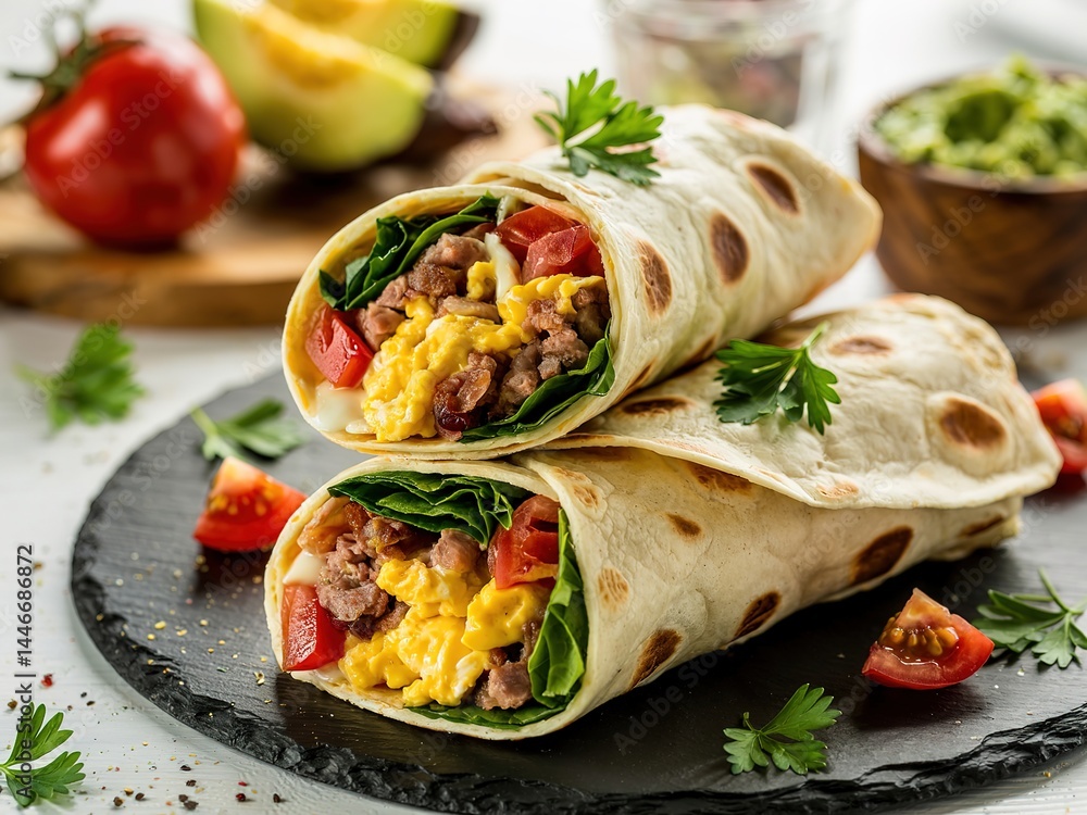 Scrambled eggs, bacon, and fresh vegetables wrapped in a tortilla Scrambled eggs, bacon, and fresh vegetables wrapped in a tortilla