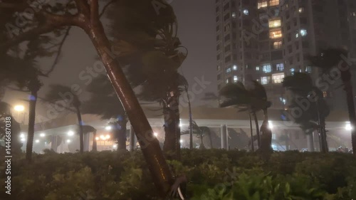 Thrashing Palms In Raging Hurricane Winds As Storm Hits City At Night - Saola