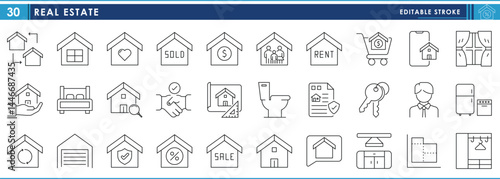 A set of line icons related to Real Estate. House, sell, rent, agent, housing, trade, business, and so on. Vector editable stroke.