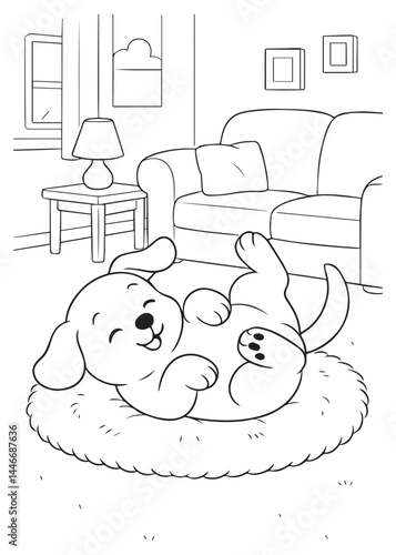 Coloring book puppy play peacefully on a soft rug in a cozy room