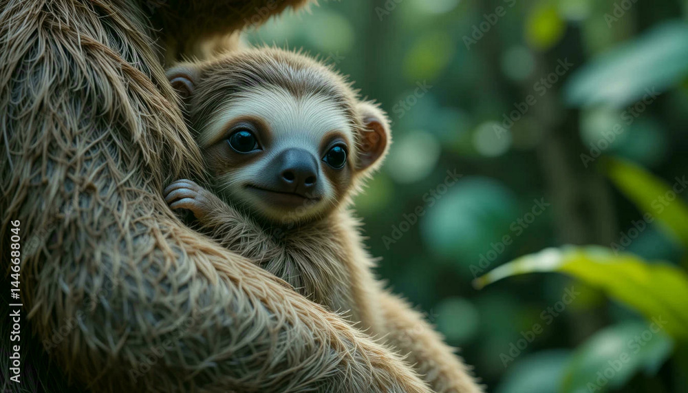 Naklejka premium Sloth baby clinging to its mother