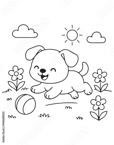 Coloring book cheerful puppy plays with a ball in a sunny meadow.