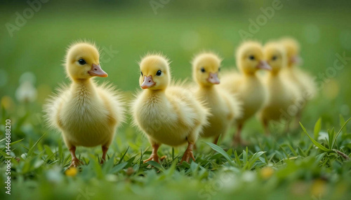 Baby ducklings walking in a row across green grass