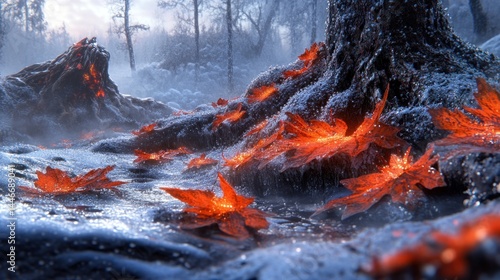 Glowing Leaves in Frozen Forest