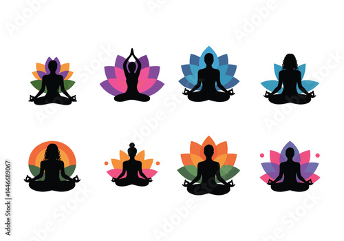 Meditation and yoga silhouette vector set with colorful lotus backgrounds in peaceful poses