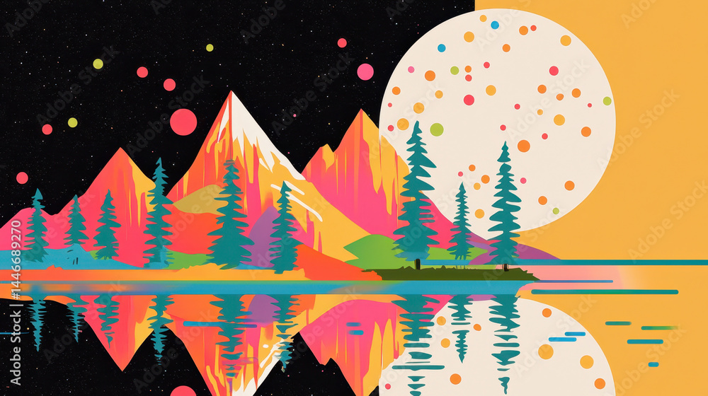 Obraz premium Calming mountain lake illustration reflects the colorful peaks and starry sky providing copy space for your message in this serene and peaceful landscape.
