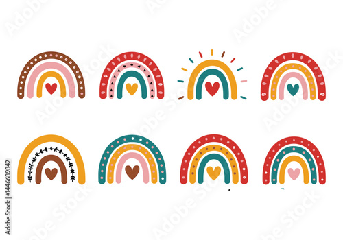 Boo rainbow vector set hand-drawn colorful rainbows with hearts and dots in warm earthy tones