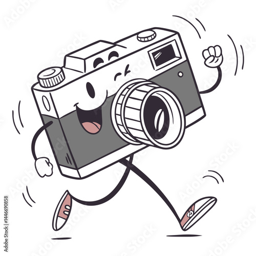 Cartoon Running Camera Character with Fun Expression Representing Photography and Creativity