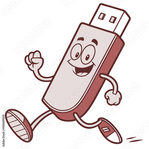 Cartoon Running USB Flash Drive Character with Fun Expression Representing Data Storage and Technology