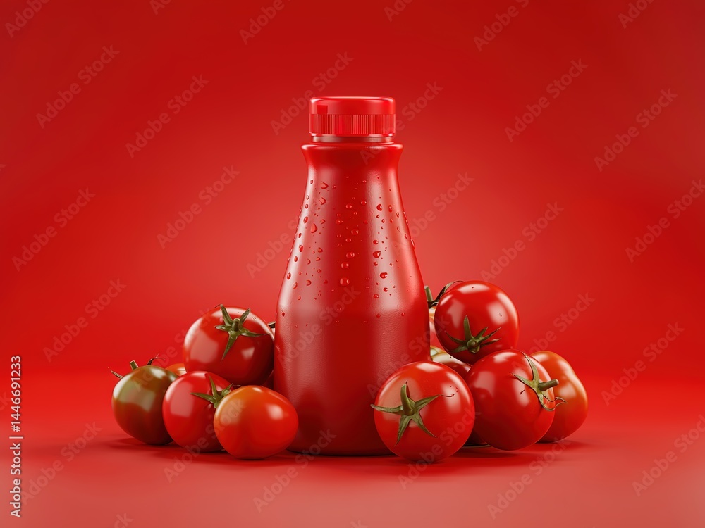 Fresh Ketchup Bottle Surrounded by Juicy Tomatoes on Red Background Fresh Ketchup Bottle Surrounded by Juicy Tomatoes on Red Background