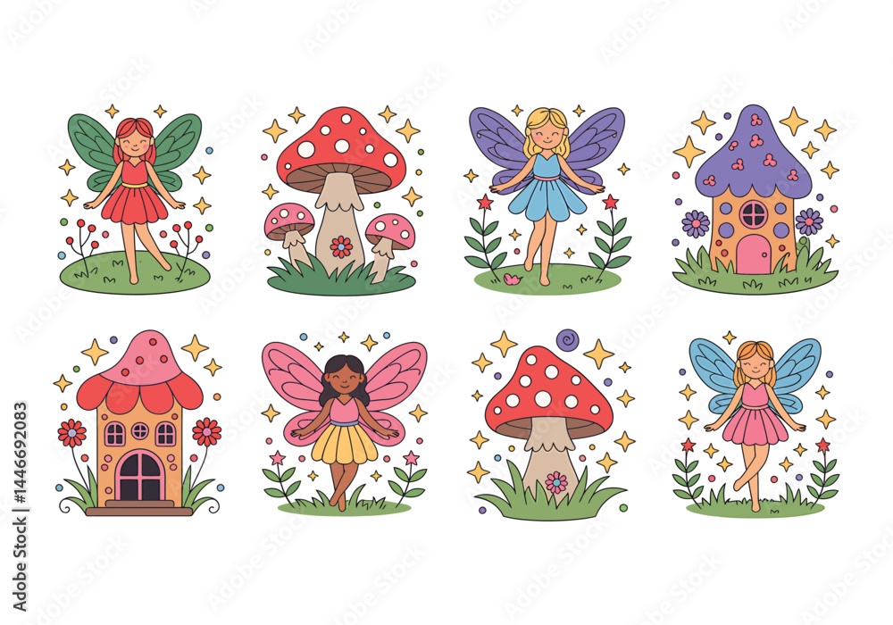 Fototapeta premium Cute fairy and mushroom house vector set magical fairies, toadstools, sparkles, and fantasy homes