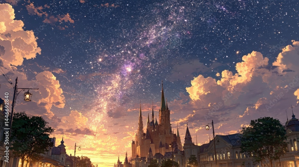 Naklejka premium Magical Anime Castle Night Sky Fantasy Cityscape Illustration